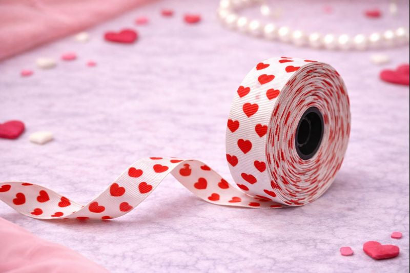 White Heart Print Decorative Ribbon – 15 Meter Roll