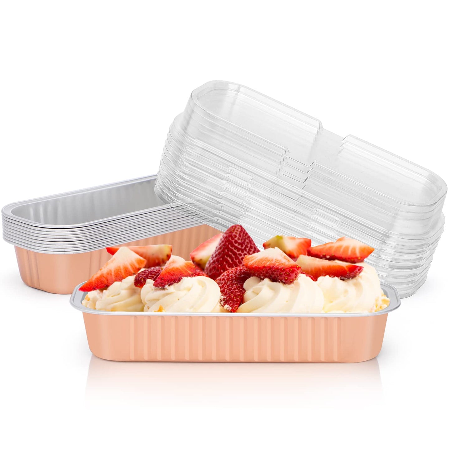Rose Gold RECTANGLE FOIL BAKE&SERVE WITH LID | Long Cake Slice Containers with Clear Lids | Colorful Disposable Dessert Boxes for Pastries, Cakes, Treats