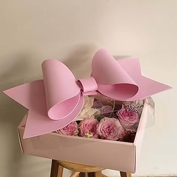 Small Pink Luxury Transparent Gift Hamper Box with Bow & Ribbon Handle | Rectangle Pink Bow Box 30 × 21 × 10 cm