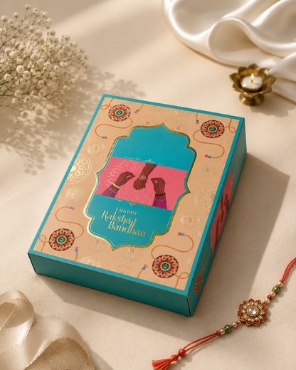 Pink & Blue Premium Foldable Raksha Bandhan Hamper Gift Box with Window Lid | 11 x 8 x 3 Inches | Luxury Sweet, Dry Fruit & Gift Packaging Box