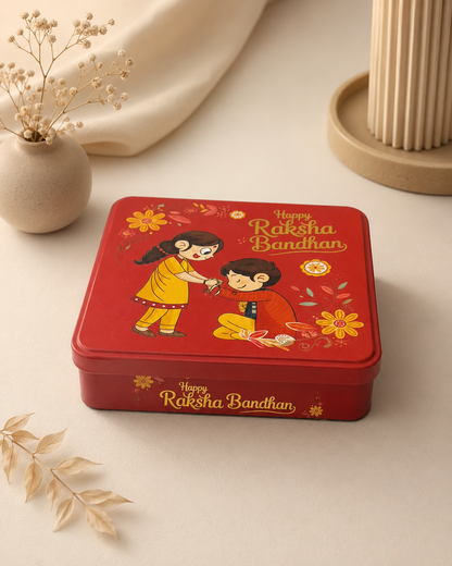 Premium Maroon Raksha Bandhan Gift Tin Box with Lid | Reusable Metal Storage Box | 15 x 15 x 4 cm