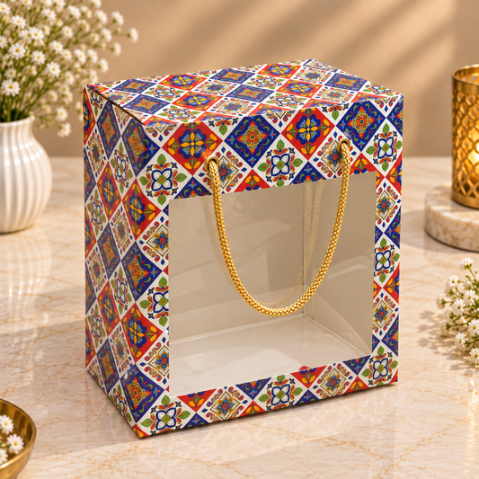 Festive Print Window Hamper Bag with Rope Handle