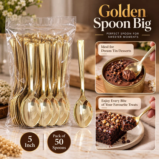 Premium Golden Plastic Dessert Spoons – 5 Inch | Pack of 50