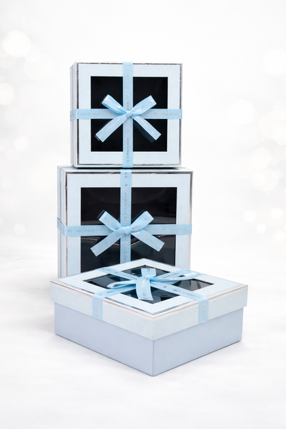 Blue Luxury Square Window Gift Boxes Set of 3 – Square Ribbon Hamper Boxes for Gifting & Packaging