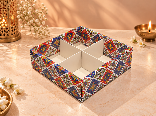Festive Print 4 Cavity Partition Box – 6 × 6 × 2 Inches