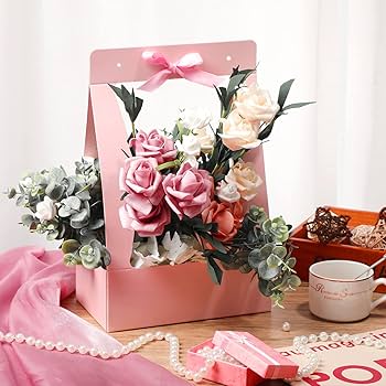 Light Pink Premium Flower Carrier Box with Handle | Leakproof Bouquet & Hamper Packaging