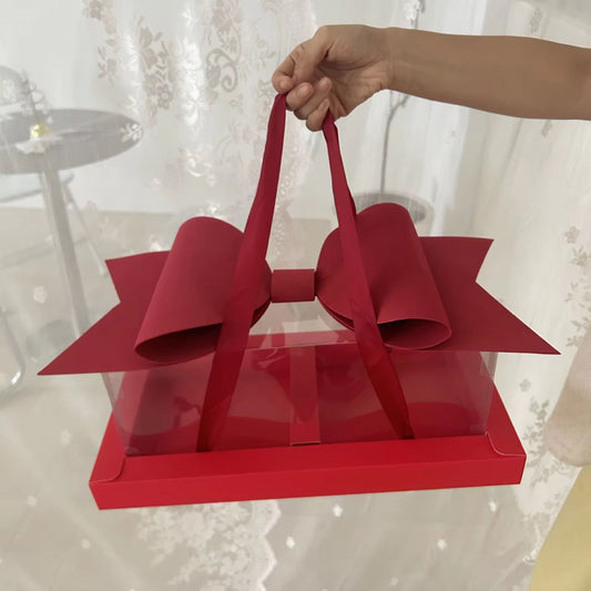 Luxury Red Gift Box with Large Bow & Clear Lid | Red Hamper Box With Bow