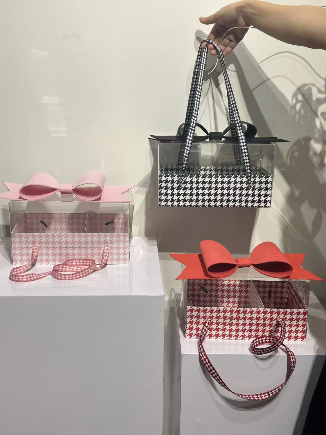 Luxury White & Red Checks Hamper Gift Box with Bow & Ribbon Handle | Rectangular White & Red Checks Hamper Box with Bow