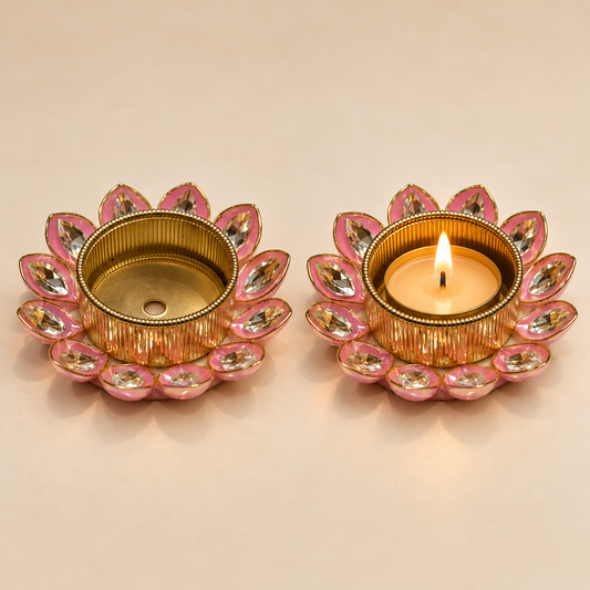 Premium Pink Crystal Lotus T-Light / Diya Holder – Gold Finish