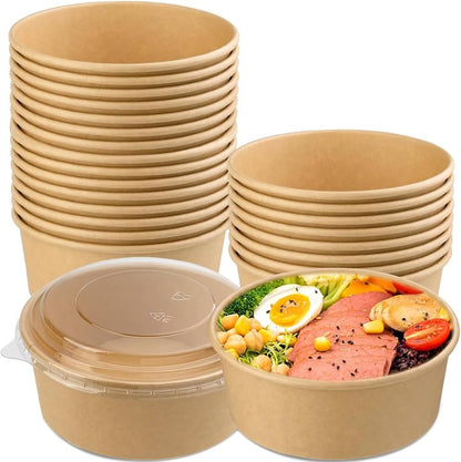 Kraft Round Food Container with Clear Lid – 5.5 x 2  Inch | Salad Bowl |Paper Dessert Boxes with Clear Lids – Eco-Friendly Packaging