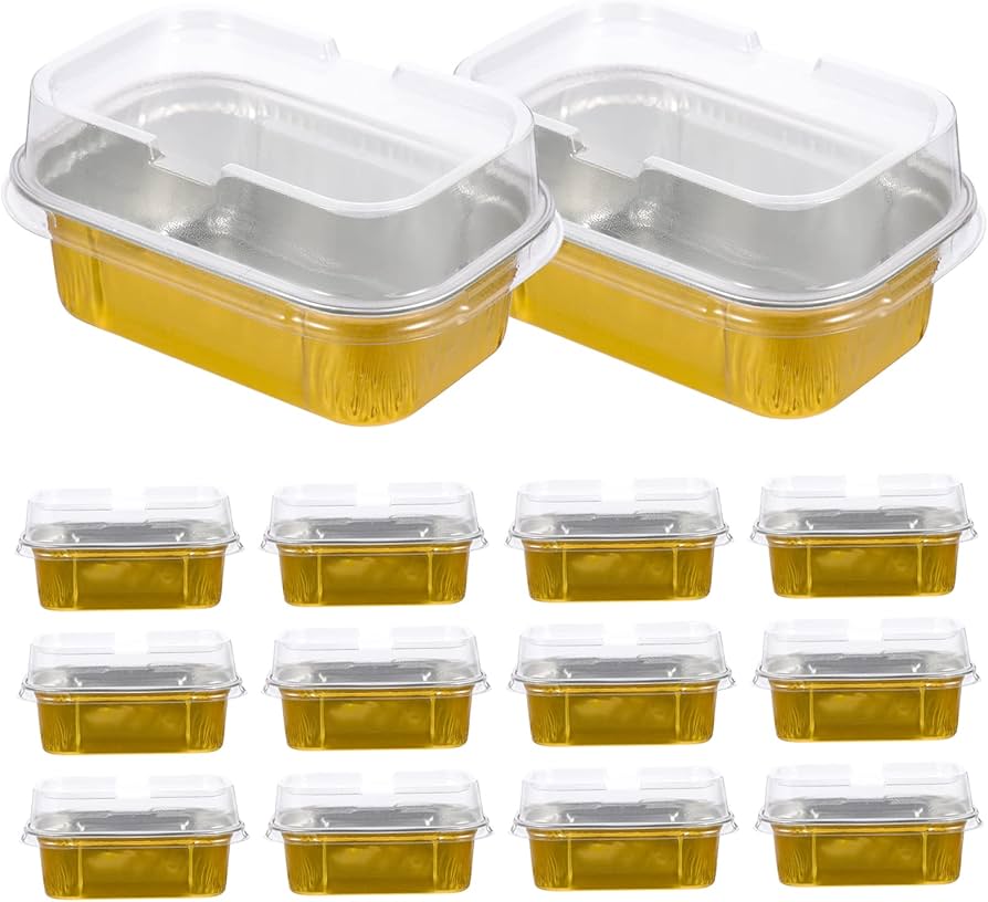 Golden Rectangle Aluminium Foil Dessert Cup with Clear Lid – 175ml Medium Bake & Serve Container