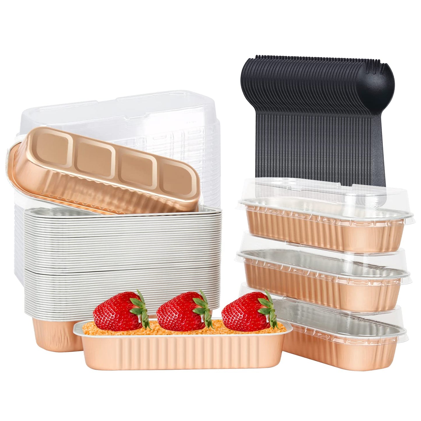 Rose Gold RECTANGLE FOIL BAKE&SERVE WITH LID | Long Cake Slice Containers with Clear Lids | Colorful Disposable Dessert Boxes for Pastries, Cakes, Treats