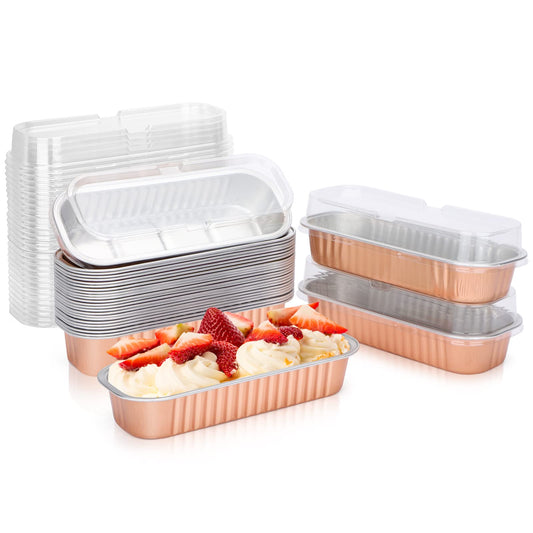 Rose Gold RECTANGLE FOIL BAKE&SERVE WITH LID | Long Cake Slice Containers with Clear Lids | Colorful Disposable Dessert Boxes for Pastries, Cakes, Treats