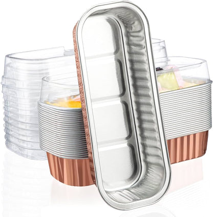 Rose Gold RECTANGLE FOIL BAKE&SERVE WITH LID | Long Cake Slice Containers with Clear Lids | Colorful Disposable Dessert Boxes for Pastries, Cakes, Treats