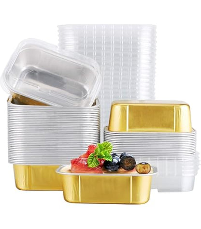 Golden Rectangle Aluminium Foil Dessert Cup with Clear Lid – 175ml Medium Bake & Serve Container
