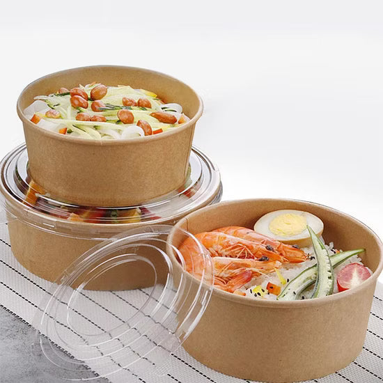 Imported Quality Kraft Round Food Container with Clear Lid – 6 x 2.25 Inch | Salad Bowl |Paper Dessert Boxes with Clear Lids – Eco-Friendly Packaging