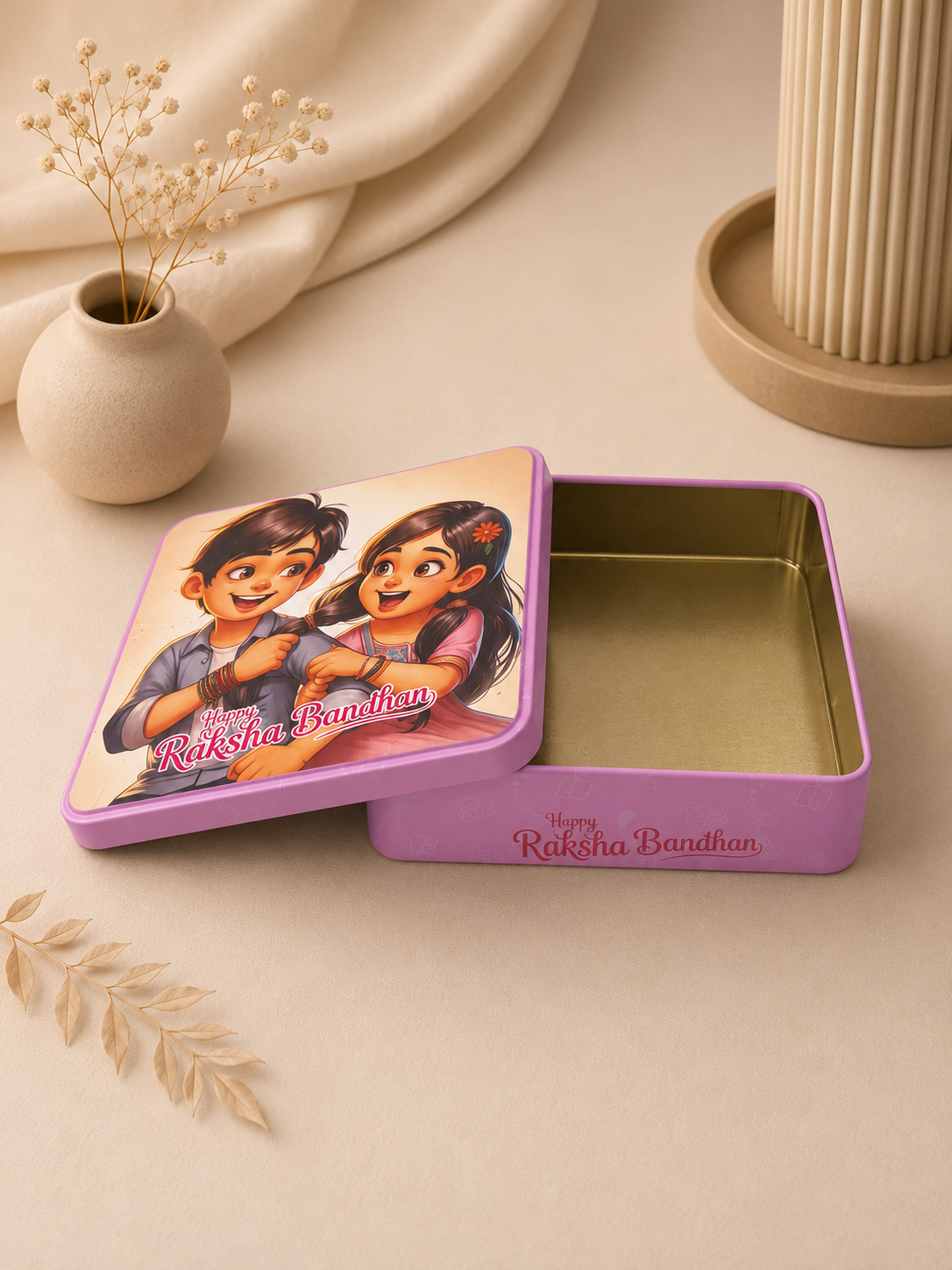 Premium Pink Raksha Bandhan Gift Tin Box with Lid | Reusable Metal Storage Box | 15 x 15 x 4 cm