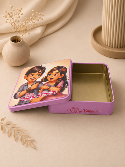 Premium Pink Raksha Bandhan Gift Tin Box with Lid | Reusable Metal Storage Box | 15 x 15 x 4 cm