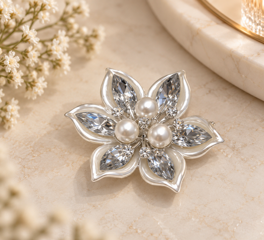 Luxury Crystal & Pearl Floral Brooch | Silver Flower Hamper Decoration