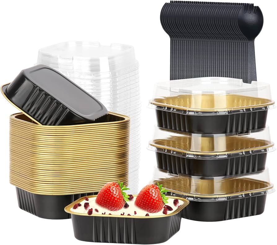 Black Square Aluminium Foil Dessert Cup with Clear Lid – 100ml Medium Bake & Serve Container