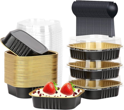 Black Square Aluminium Foil Dessert Cup with Clear Lid – 100ml Medium Bake & Serve Container