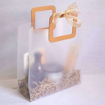 Elegant Frosted Square Gift Bag with Beige Handle | Opaque Pvc Hamper Bag  28x24x13 cms