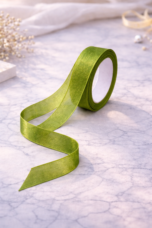 Vibrant Green Premium Organza Ribbon Roll – 15 Meters x 1 Inch Width