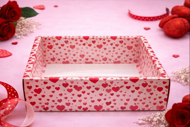 Valentine Heart Print Open Tray Box with Clear Base | Clear Window Hamper Box