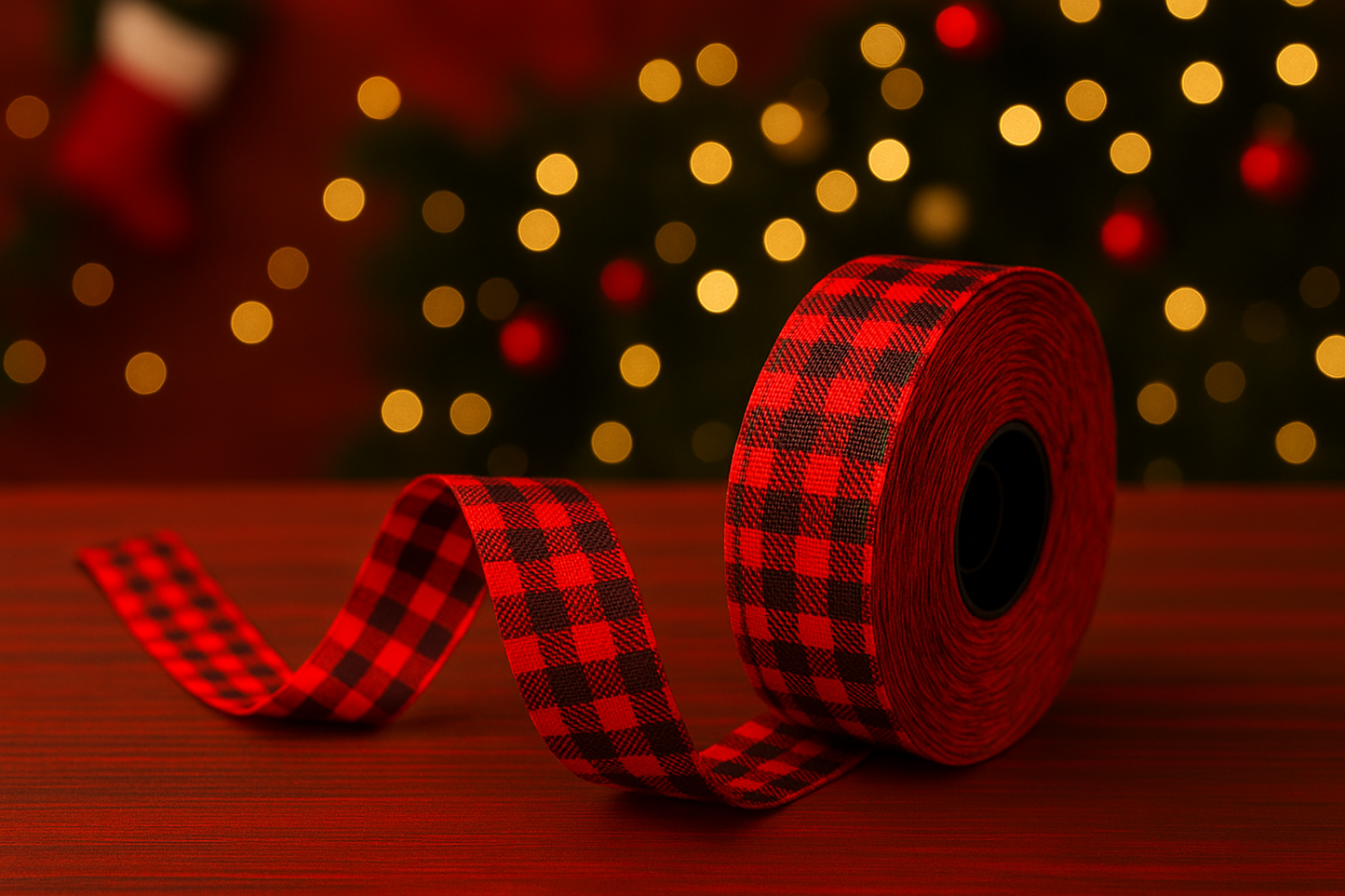 Christmas Theme Red Checkered Festive Ribbon Roll - 15meters