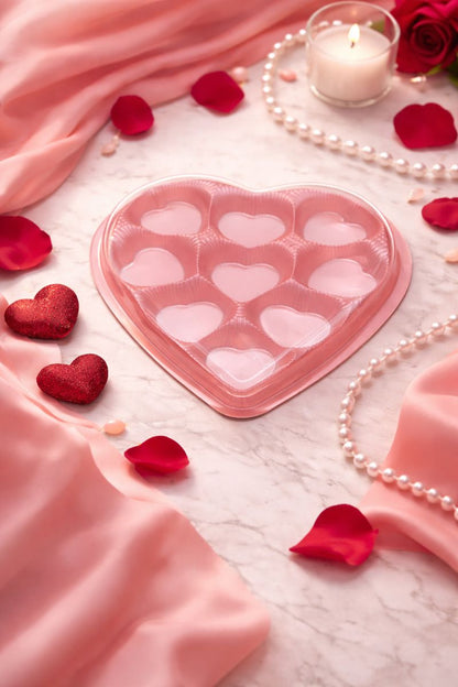 Premium Heart Shaped Chocolate Box with 9 Deep Cavities & Clear Lid – Pink