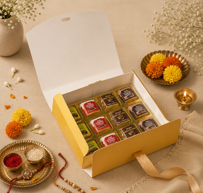 Yellow Raksha Bandhan 12 Cavity Sweet & Dry Fruit Box with Satin Ribbon | Premium Hamper Gift Box