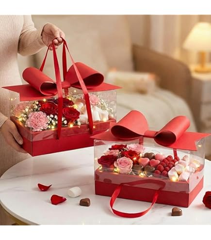 Small Red Luxury Transparent Gift Hamper Box with Bow & Ribbon Handle | Rectangle Red Bow Box 30 × 21 × 10 cm