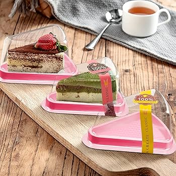 PINK TRIANGLE DESSERT CONTAINER | Clear Hinged Plastic Clamshell for Cake or Pie Slices | Disposable Bakery Packaging