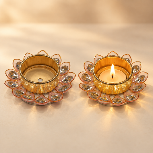 Premium Crystal Lotus T-Light / Diya Holder – Gold Finish