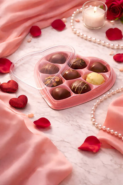 Premium Heart Shaped Chocolate Box with 9 Deep Cavities & Clear Lid – Pink