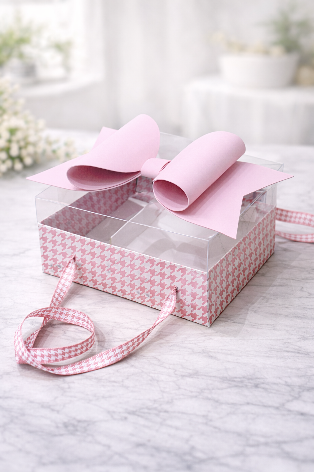Luxury White & Pink Checks Hamper Gift Box with Bow & Ribbon Handle | Rectangular White & Pink Checks Hamper Box with Bow