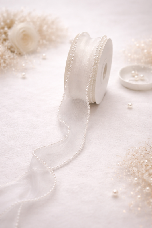 White Premium Pearl Edge Organza Ribbon Roll - Luxurious organza ribbon with pearl edging