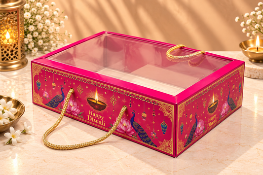 Pink Diwali Print Clear Lid Hamper Box with Rope Handle