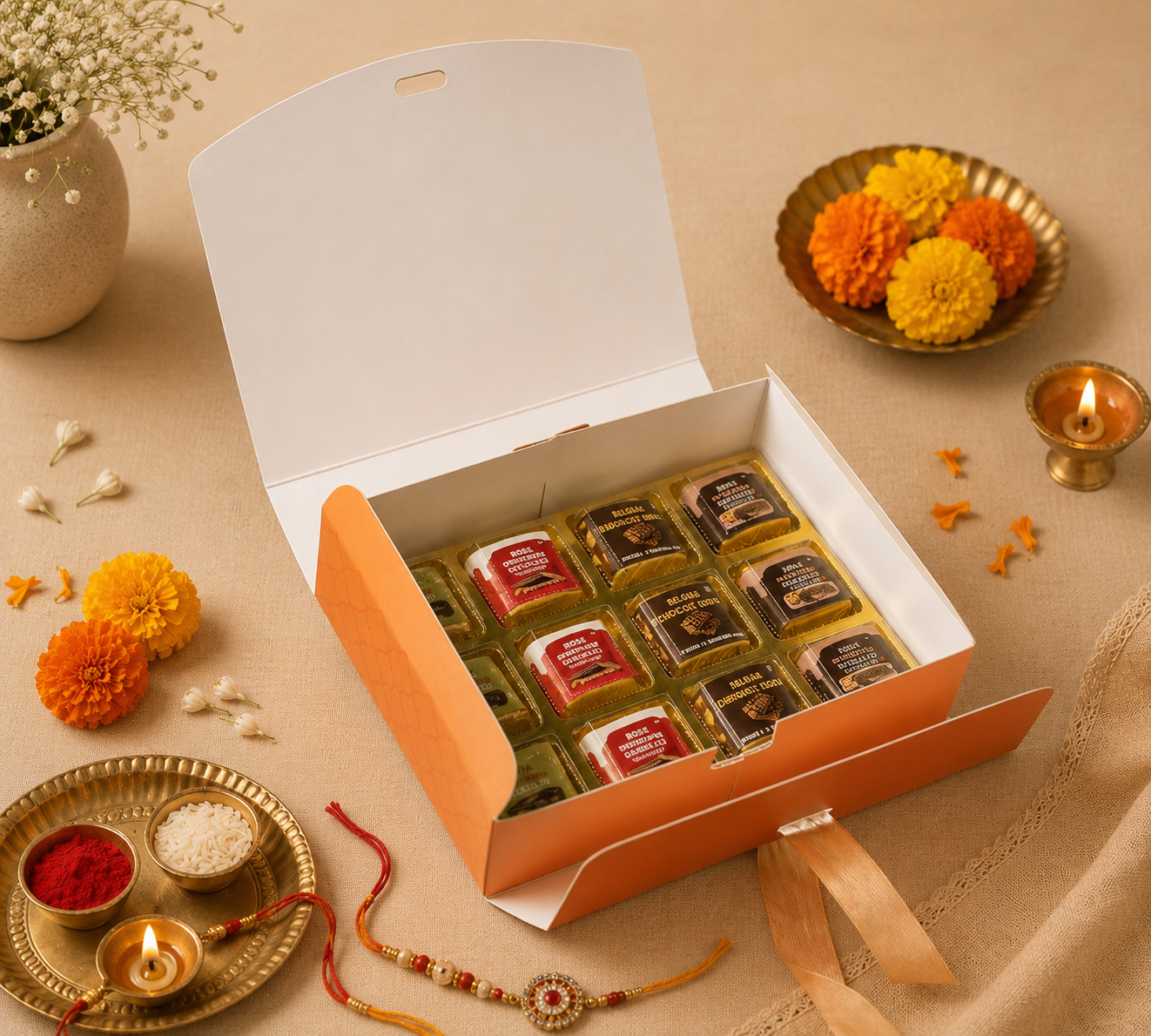 Peach Raksha Bandhan 12 Cavity Sweet & Dry Fruit Box with Satin Ribbon | Premium Hamper Gift Box