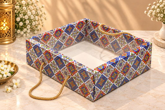 Festive Print Clear Lid Hamper Box with Rope Handle