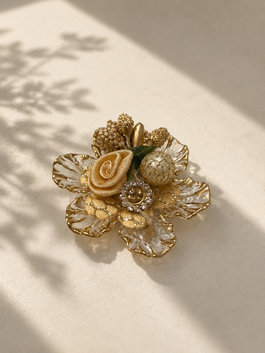 Luxury Gold Pearl Crystal Floral Brooch | Decorative Embellishment for Hampers, Bouquets & Gift Packaging