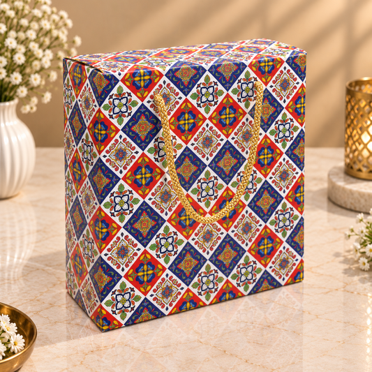 Festive Print Window Hamper Bag with Rope Handle