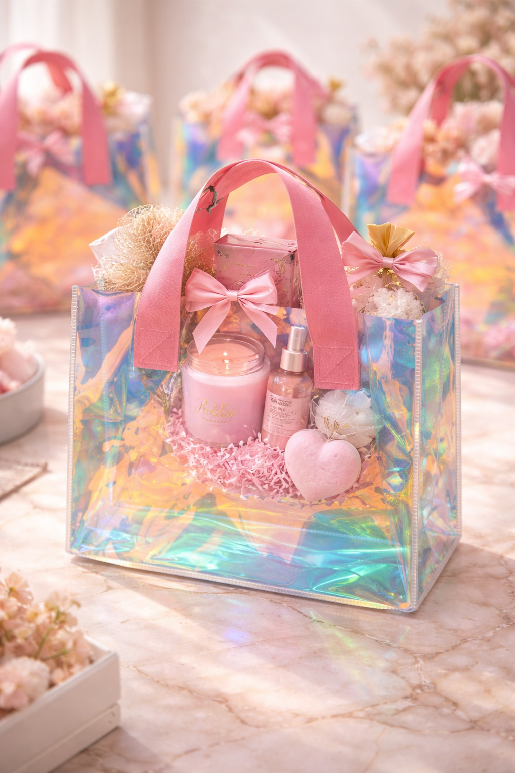 Holographic PVC Hamper Bag with Pink Handles – Luxury Gifting Bag - 25x10x20cms