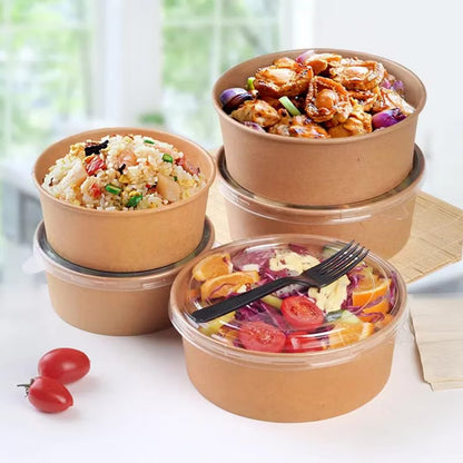 Kraft Round Food Container with Clear Lid – 5.5 x 2  Inch | Salad Bowl |Paper Dessert Boxes with Clear Lids – Eco-Friendly Packaging
