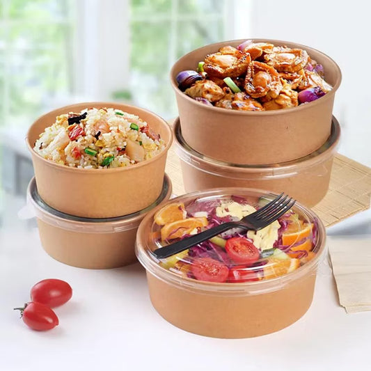 Kraft Round Food Container with Clear Lid – 5.5 x 2  Inch | Salad Bowl |Paper Dessert Boxes with Clear Lids – Eco-Friendly Packaging