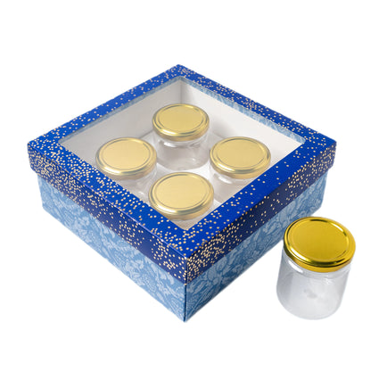 Blue Foil Printed Hamper Box With Window | Luxury 4 Cavity Gift Box for 190ml Jars or Cupcakes