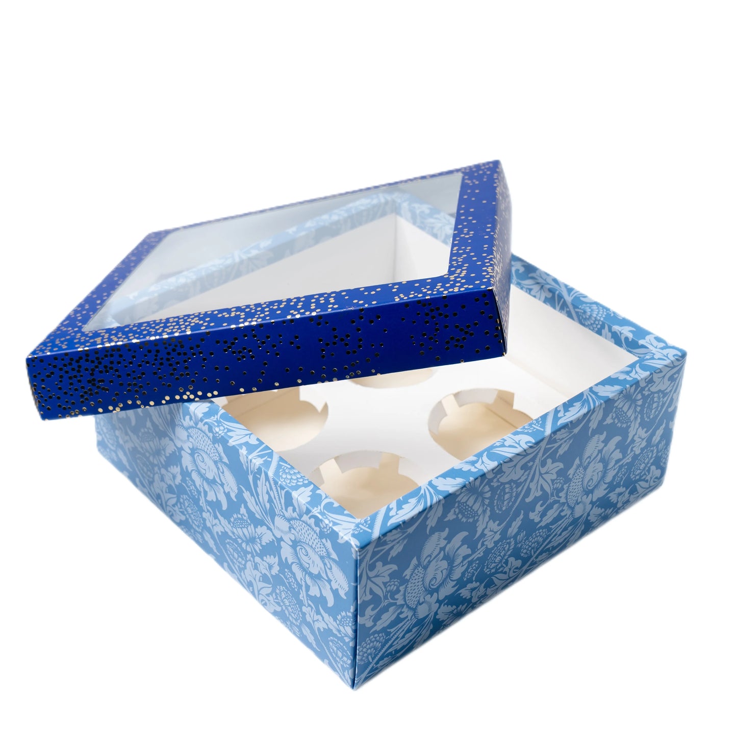 Blue Foil Printed Hamper Box With Window | Luxury 4 Cavity Gift Box for 190ml Jars or Cupcakes