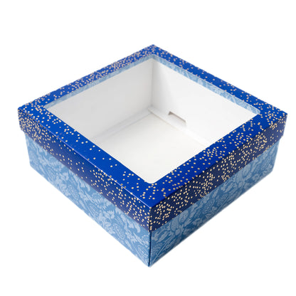 Blue Foil Printed Hamper Box With Window | Luxury 4 Cavity Gift Box for 190ml Jars or Cupcakes