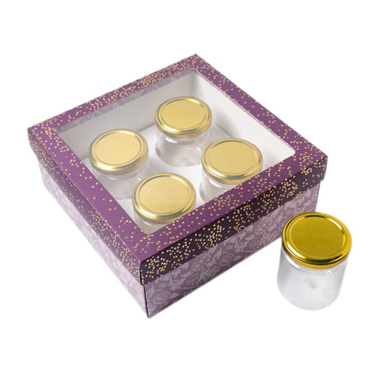 Plum Foil Printed Hamper Box With Window | Luxury 4 Cavity Gift Box for 190ml Jars or Cupcakes