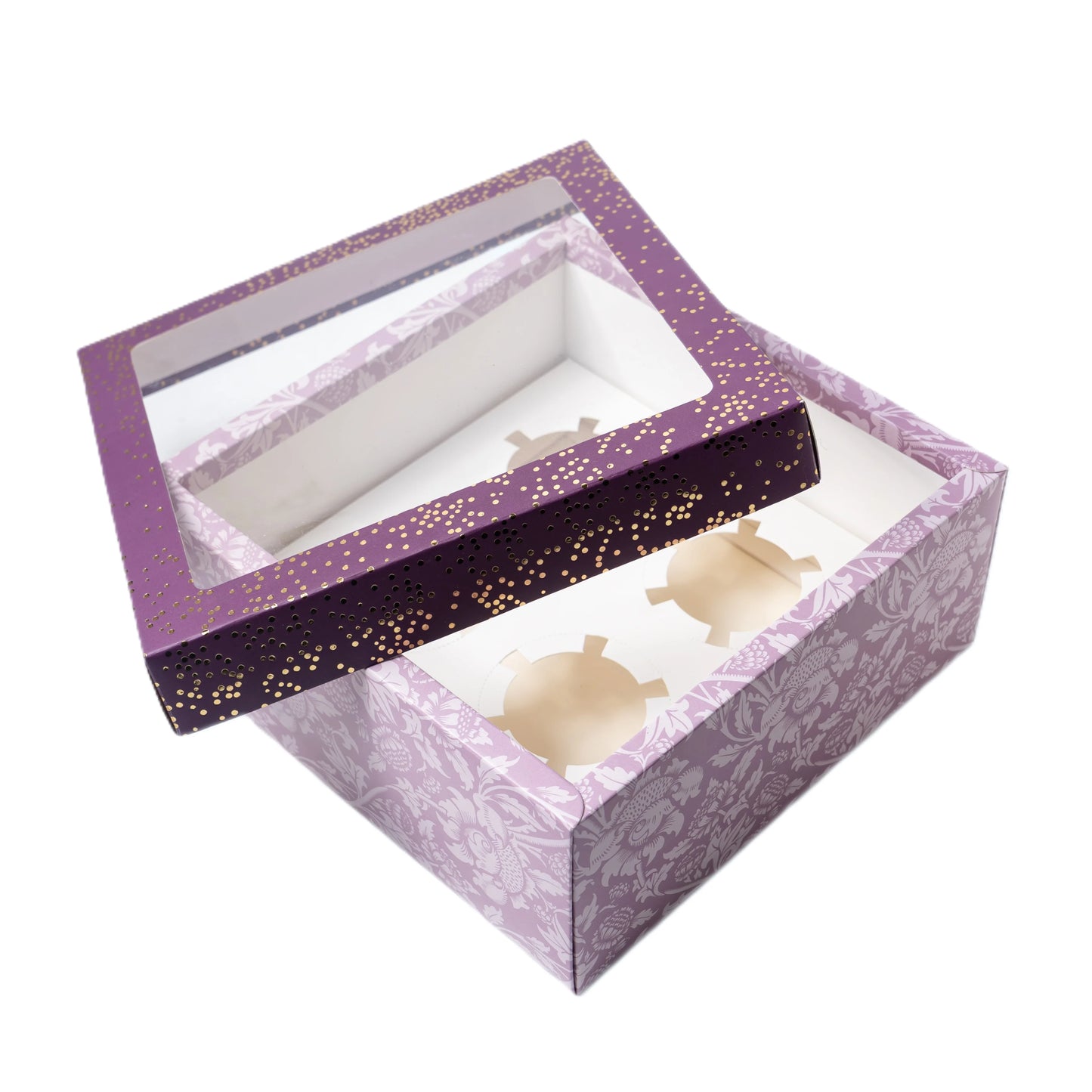 Plum Foil Printed Hamper Box With Window | Luxury 4 Cavity Gift Box for 190ml Jars or Cupcakes